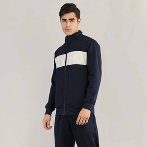 Ensemble de survêtement décontracté bleu marine pour homme, veste zippée avec rayures blanches, pantalon assorti, 100% coton molletonné, tenue athlétique deux pièces - Product Image 2