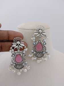 Pendientes de gota Chandbali de caléndula de plata oxidada antigua, conjunto de lujo con patrón único, joyería de moda a granel personalizable - Product Image 3