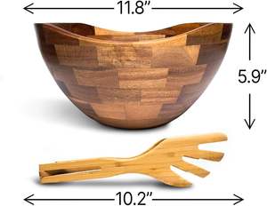 Bol de service en bois Saladier en bois avec pince en bambou Saladier en bois d'acacia Peut servir jusqu'à 4 personnes Facile à nettoyer - Product Image 2