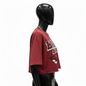 Camiseta corta de algodón jersey de alta calidad para mujer, textura suave, color granate, logotipo personalizado con serigrafía, camiseta corta de algodón para mujer - Product Image 3