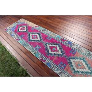 Vintage Turkish <b>Runner</b> Rug 2.4x9.6 ft, <b>Red</b> Blue Floral Wool Rug - Product Image 3