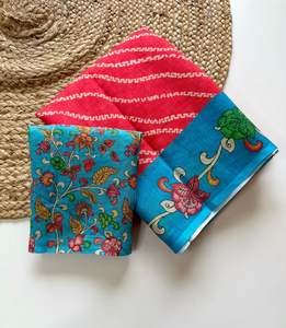 Sari de Lino Suave para Mujer con Hermoso Laheriya y Kalmkari, Blusa Estampada con Latkan de Lujo, Hecho en India - Product Image 4