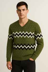 Vente en gros de pulls pour hommes en tricot Zigzag à col en V personnalisés | Pull chaud mode d'hiver | Fabricant de chandails à motifs de créateur - Product Image 4
