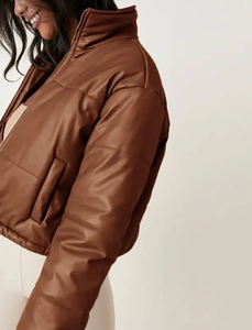 <b>Women</b> Clothing Pu Leather Cropped Puffer <b>Jacket</b> Customized <b>Zip</b> <b>up</b> Top Design <b>Women</b> Leather <b>Jacket</b> - Product Image 2