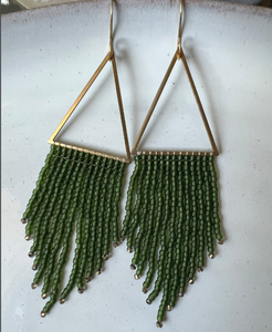 Green and <b>Gold</b> <b>Dangle</b> Fringe <b>Earrings</b> Fringe Tassel <b>Earrings</b> - <b>Gold</b> - Long - Product Image 2