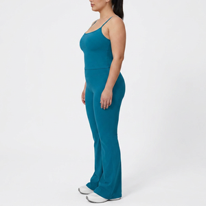 Women's Seamless Yoga <b>Set</b> <b>Square</b> Neck Spaghetti Strap High Waist Full Length Solid Teal Two Piece Activewear - Product Image 3