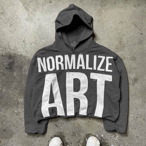 Custom logo Winter Streetwear 100% Cotton Raw Hem Distressed Embroidery Patch Pullover Patchwork No <b>Strings</b> Cut Sew Cropped - Product Image 5