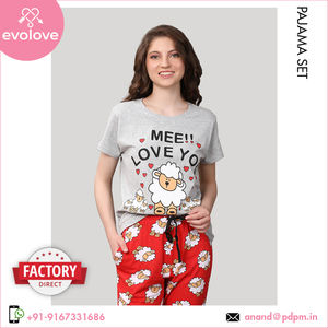 Material de algodón 100% de calidad de larga duración, ropa de dormir para mujer, Conjunto de pijama de dos piezas de media manga de punto para mujer - Product Image 5