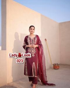 Lanzamiento del nuevo diseñador Party Wear & Festival Look Pure Natural Satin Silk Fancy Top & Palazzo con conjunto Dupatta - Product Image 1