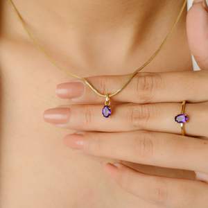 Dernière collection de luxe faite à la main de pendentifs en améthyste naturelle de forme ovale, pierre précieuse, or jaune massif 18 carats, bijoux pour femmes et filles - Product Image 2