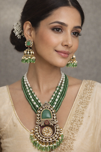 Royal <b>Green</b> Gold Plated Kundan Polki Bridal <b>Necklace</b> Earring Set with Pearl Beads Ethnic Indian Wedding Engagement Party Jewelry - Product Image 2