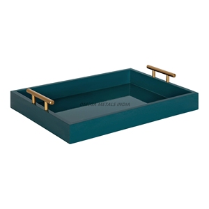 Plateau de service rectangulaire moderne en sarcelle profond avec élégantes poignées dorées, idéal pour organiser les objets et améliorer l'esthétique de la maison - Product Image 1