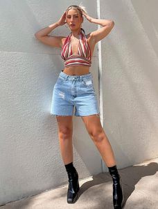 Short en jean pour femmes Short en jean décontracté extensible taille haute déchiré ourlet effiloché Jorts d'été à la mode cinq poches pratiques - Product Image 4