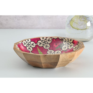 Bol de service en bois de manguier fait à la main, décoratif, motif géométrique floral rose et blanc, écologique, pour la cuisine, décoration de la maison, cadeau - Product Image 1