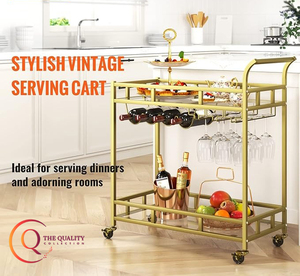 เก๋ไก๋หรูหรารถเข็นบาร์โลหะสีทองพร้อมชั้นวางแก้วและไวน์ที่สำคัญโดยพื้นฐานแล้วจะมีปาร์ตี้บนล้อ - Product Image 2