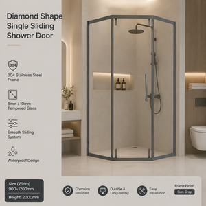 Cabine de douche d'angle ANSI Z97.1 avec cadre en acier inoxydable SS304, portes coulissantes simples en verre en forme de losange, moderne et personnalisée pour hôtel - Product Image 2