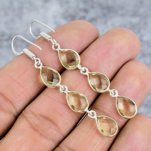 ต่างหูควอตซ์สามพลอย925เลมอนต่างหูเงินสเตอร์ลิงทำด้วยมือต่างหูอัญมณีรูปทรงลูกแพร์ต่างหูแบบห้อยสำหรับผู้หญิง - Product Image 4