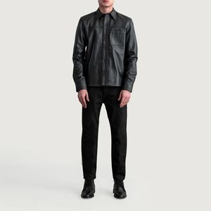 Chemise en cuir noire dégringolée sur mesure avec col montant style hiver décontracté fermeture avec logo à l'avant boutons en cuir Service OEM - Product Image 6