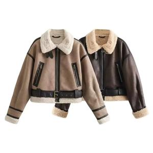 Veste à carreaux en flanelle doublée de laine d'hiver pour femmes avec bouton à capuche veste à manches longues femmes pull manteau veste de style moto - Product Image 1