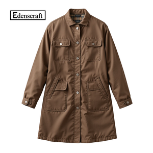 Chaqueta larga de algodón ligero marrón para mujer, cuello informal, botones, bolsillos con solapa frontal, patrón sólido, uso diario para primavera teñida - Product Image 1