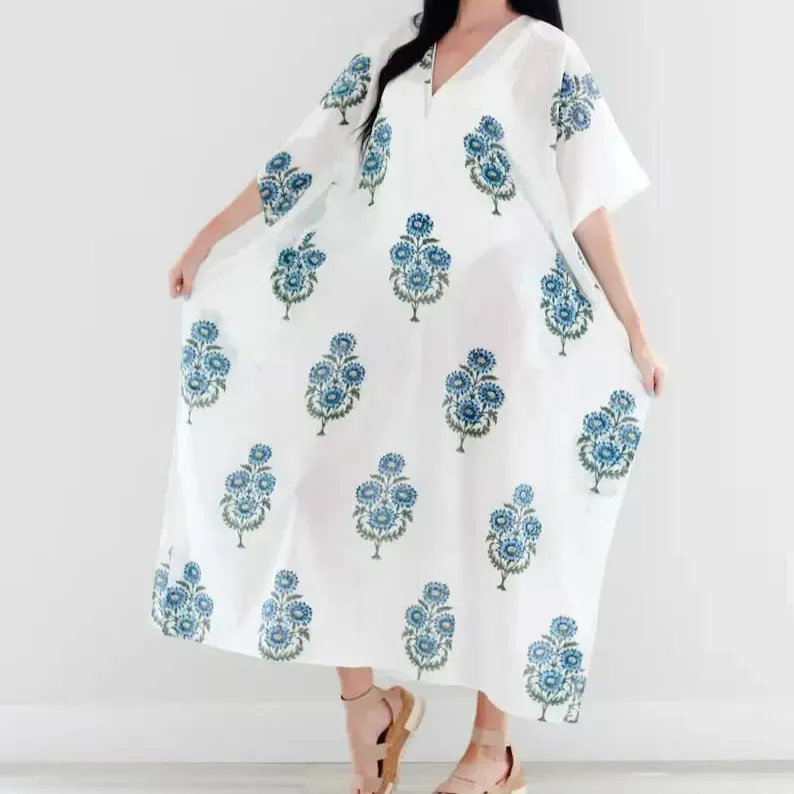 Cotton Fabric Floral Printed Long Maxi Dress Nightwear Dress Short Sleeve V-neck Loose White Linen Dress For Women
