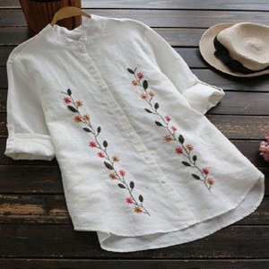 Blusas de Lino Elegantes de Talla Grande con Cuello en V y Manga Larga para Mujer, Estilo Urbano, Transpirables, con Botones, para Verano - Product Image 2