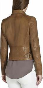 Veste de moto en cuir véritable pour femme en cuir de mouton avec col montant tissu en toile enduite - Product Image 6