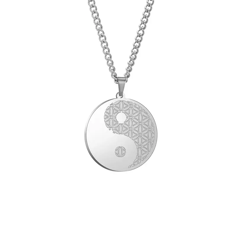 Collana yin yang in argento inciso in acciaio inossidabile con gioielli religiosi cinesi all'ingrosso