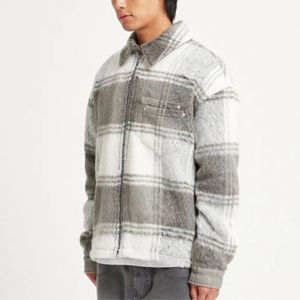 Chaqueta de camisa de franela-Gris/Blanco, ajuste de hombros caídos, bolsillos dobles y tela suave italiana de aspecto de mohair - Product Image 4
