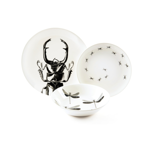 Service de table de 3 pièces rondes en céramique Faune & Flore par Excélsa, technique de tampographie, motif insectes noirs, compatible lave-vaisselle - Product Image 1
