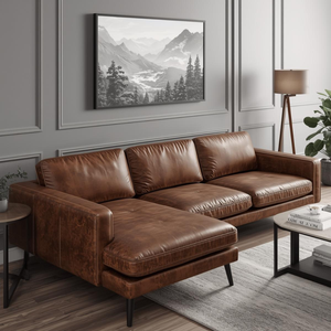 Sofá en Forma de L de Cuero Genuino Clásico con Chaise Longue, Diseño Tradicional para Sala de Estar, Muebles de Hotel - Product Image 1