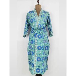 Pur Coton Printemps Túnica Boho de Lujo Estampada a Mano Estilo Kimono Indio de Jaipur Floral Verde Agua para Vacaciones, Playa y Ropa de Playa - Product Image 1