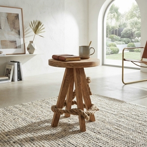 Modern Round Solid <b>Wood</b> <b>Stool</b> Natural Rustic Chair Accent Furniture With Thick Rope Detail For Contemporary Home Decor Setup Art - Product Image 4
