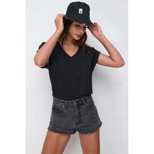 T-shirt décontracté à manches courtes et col en V, 100% coton, tissu doux avec détail de manches retroussées - Product Image 2