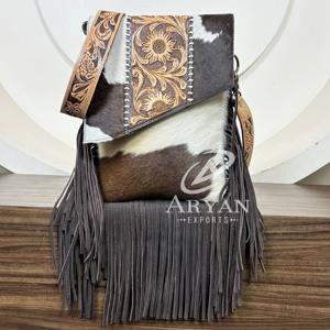 Sacs à bandoulière en cuir occidental de qualité supérieure pour femmes cartable à bandoulière outillé à la main sac de sculpture florale sac à main à franges dissimuler transporter marron - Product Image 1