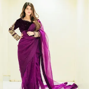 Hint yeni trend tasarımcı fantezi RANGOLY MOTI iş sari VISCOS kadife nakış iş bluz ile uygun fiyat için