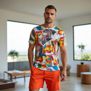 OEM Printed T Shirt Shorts Two Piece Set <b>Men's</b> 100% Cotton Print Shorts Sleeve Tee Shorts Sets <b>Mens</b> - Product Image 1