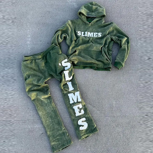 Conjunto de sudadera con capucha y pantalones de chándal lavados con ácido bordados desgastados personalizados chándal apilado acampanado con pantalones acampanados - Product Image 3