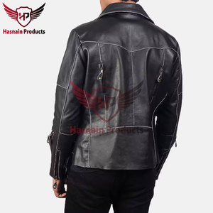 Mens Real Black Leather Jacket Asymmetrical Zip <b>White</b> Stitch <b>Belted</b> Waist Sheepskin Biker <b>Coat</b> Custom Vintage Winter Outerwear - Product Image 5