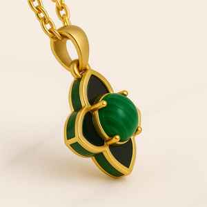 Pendentif en or jaune massif 14 carats personnalisé fait à la main Malachite pierres précieuses émail noir rhodié forme de fleur pendentifs fins breloques - Product Image 3