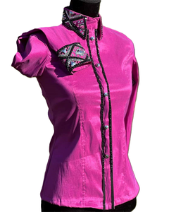 Camisa Western Show de vaquera hecha a mano en rosa impresa en tela de tafetán elástica para uso ecuestre - Product Image 2