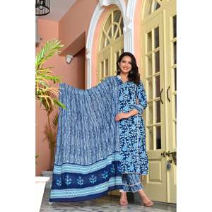 Kurta en coton à manches 3/4 à imprimé floral décontracté bleu Égée avec pantalon et dupatta - Product Image 4