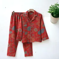 Ensemble de pyjama en coton pour femmes de haute qualité, élégant, imprimé floral rouge vif, respirant, thermique, printemps, été, automne, hiver, complet