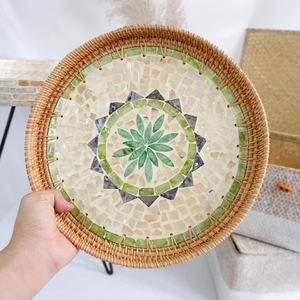 Plateau de table basse en osier, plateau de service en rotin pour la cuisine, pour servir du pain, des fruits, plateau décoratif islamique avec incrustations de coquillages, plateau de service pour le dîner - Product Image 5