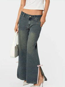 Pantalones vaqueros cómodos de pierna ancha de cintura alta con cordones, ropa de calle de Color sólido, pantalones vaqueros tejidos de algodón 100% para mujer - Product Image 6