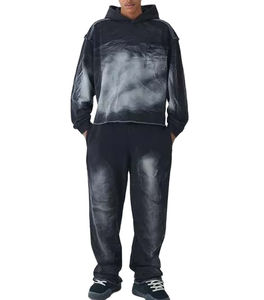 Activewears Two Piece <b>Applique</b> <b>Patch</b> Pullover Flared Tracksuit Streetwear Oversized Acid Wash Tracksuit - Product Image 1