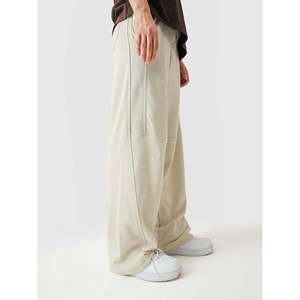 Pantalon décontracté taille mi-haute à jambes larges en tissu éponge respirant couleur crème avec détail de passepoil - Product Image 2