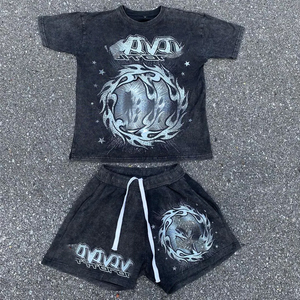 ชุดเซ็ตเสื้อยืดและกางเกงขาสั้นผ้าคอตตอนหนาพิเศษคุณภาพสูง พิมพ์ลายสกรีนตามสั่งสำหรับผู้ชาย สไตล์ย้อมสีแบบ Acid Wash - Product Image 4