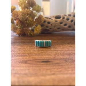Allen Lee Kingman Dainty <b>Statement</b> <b>Ring</b> Turquoise Sterling <b>Silver</b> Inlay Smooth Cut Platinum Rhodium Size 9.5 Everyday Wear - Product Image 1
