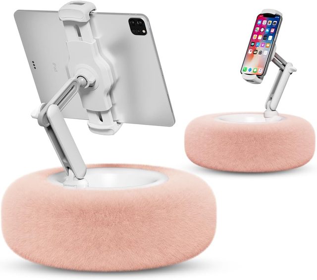 360 Degree Adjustable Phone Holder for Bed with Soft Plush Fabric and Detachable Bowl Tablet Stand Pillow
